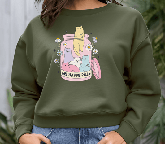 my happy pills are cats on a crew neck unisex sweatshirt for cat lovers