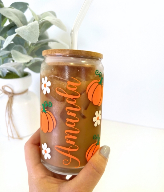 Custom Pumpkin Libby Glass With Bamboo Lid | Personalized