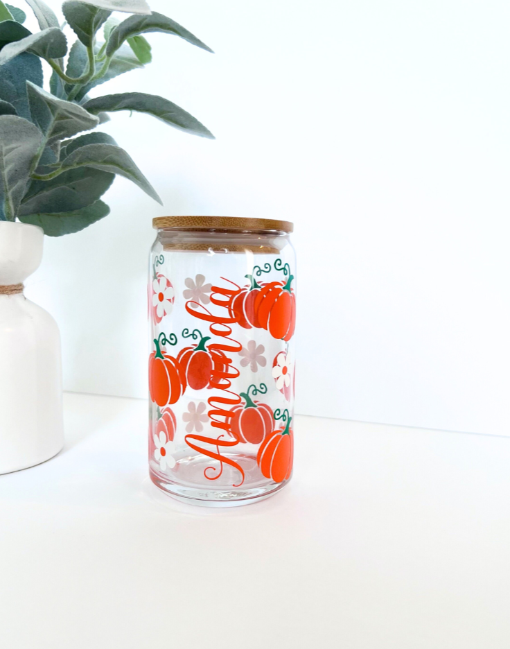 Custom Pumpkin Libby Glass With Bamboo Lid | Personalized