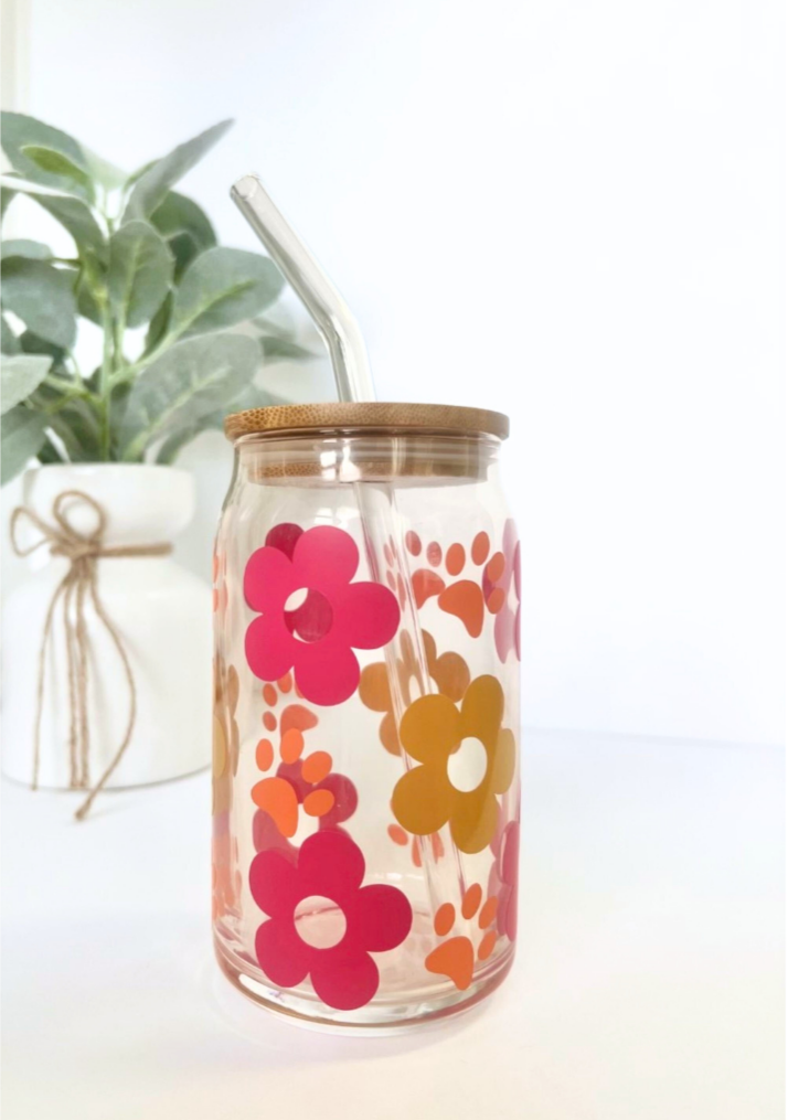 Custom Retro Flower with Pawprints Glass Cup