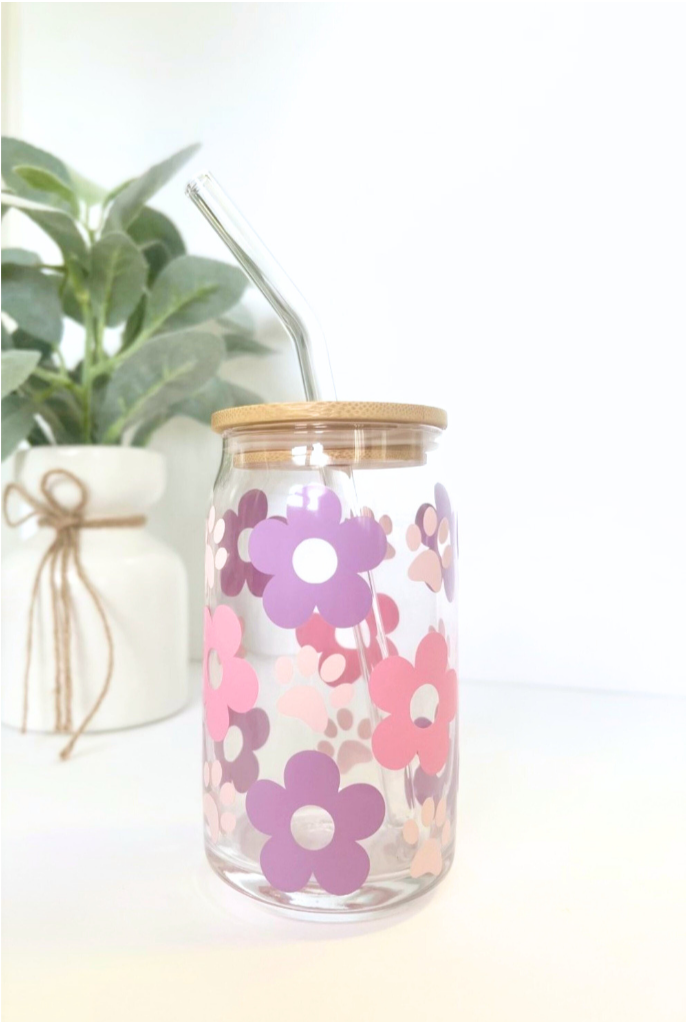 Custom Retro Flower with Pawprints Glass Cup