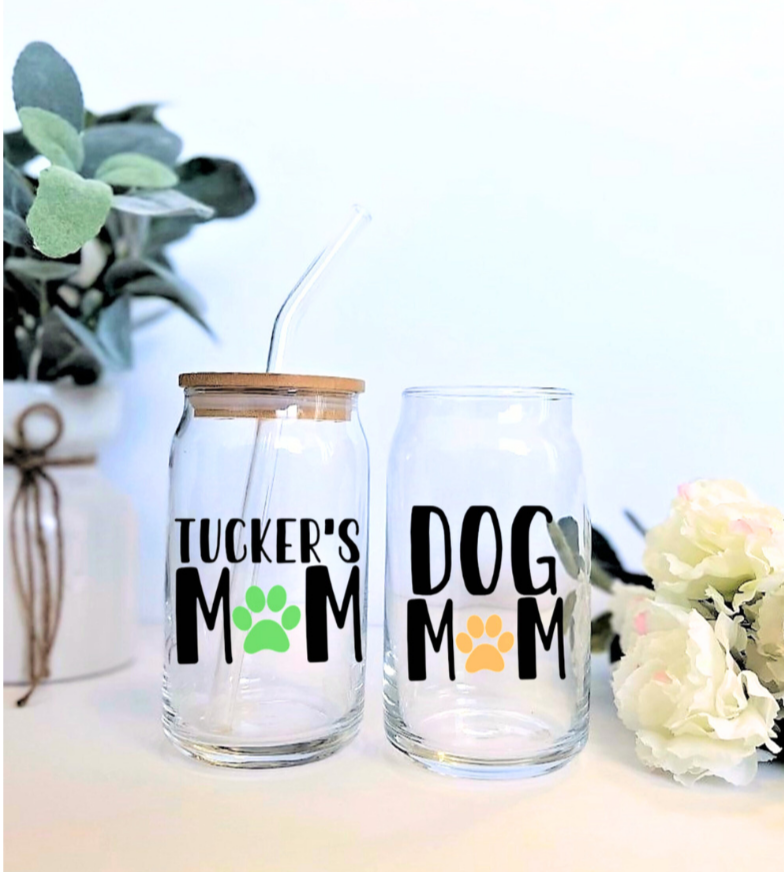 Dog Mom Stemless 20 oz Wine Glass | Cat Mom 16 oz Libby Glass with Bamboo Lid