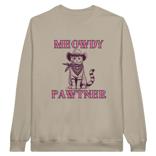 funny meowdy pawtner cat cowboy graphic unisex crewneck sweater for cat moms and cat dads