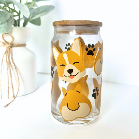 Corgi Pet Glass Cup | Bamboo Lid Pet Libby Glass Cup