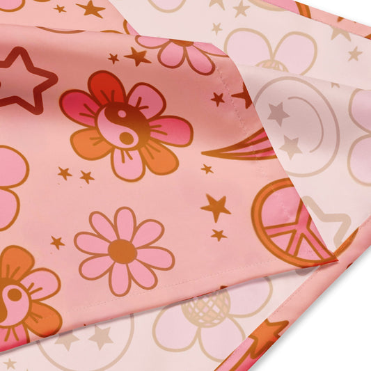 Retro Groovy pet banana with pink background, with peace signs and flowers