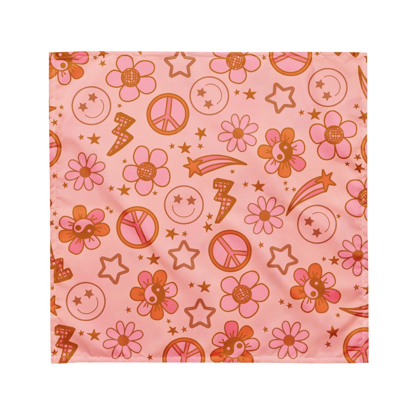 Retro Groovy pet banana with pink background, with peace signs and flowers