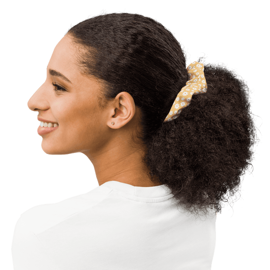 yellow daisy print recycled scrunchie for dog moms