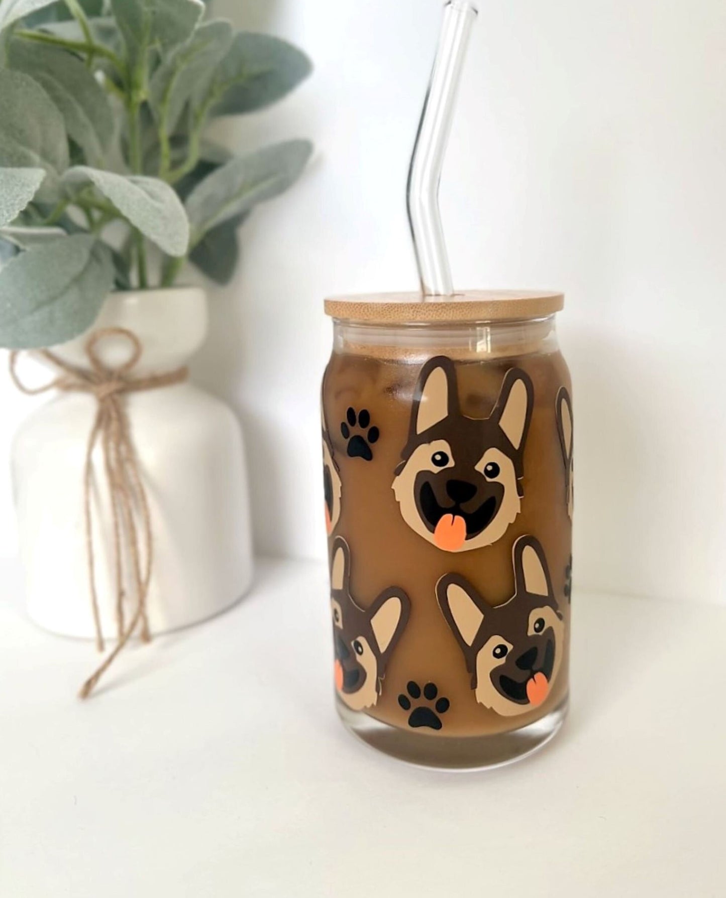 German Shepherd Dog Libby Glass Cup with Bamboo Lid