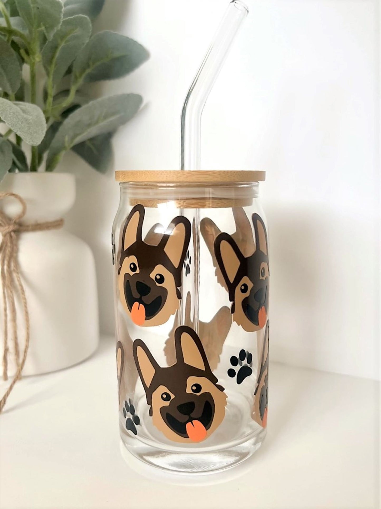 German Shepherd Dog Libby Glass Cup with Bamboo Lid