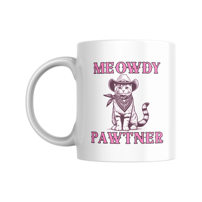 funny meowdy pawtner cat cowboy graphic mug for cat moms and cat dads