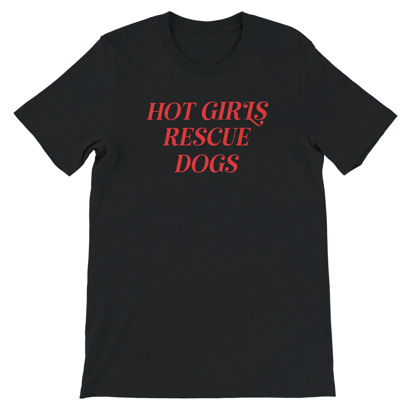 Black crewneck t-shirt with red text 'Hot Girls Rescue Dogs' for dog rescue advocates
