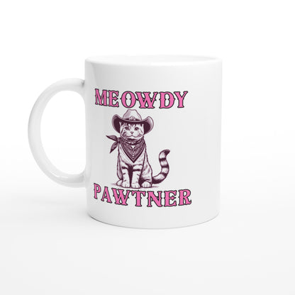 funny meowdy pawtner cat cowboy graphic mug for cat moms and cat dads