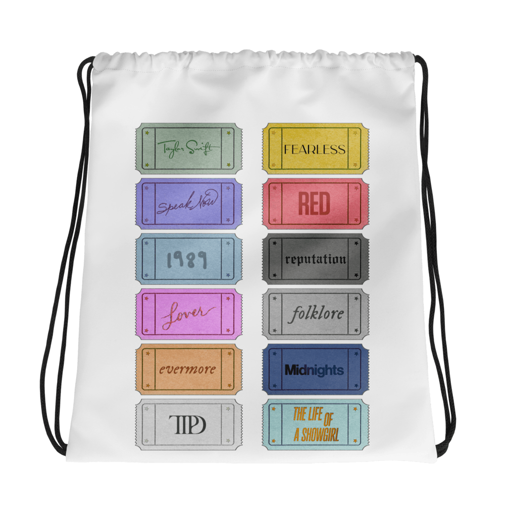 White drawstring bag with Taylor Swift colorful album cover designs on a white background