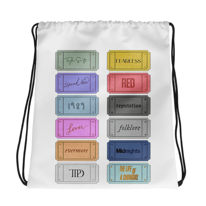 White drawstring bag with Taylor Swift colorful album cover designs on a white background