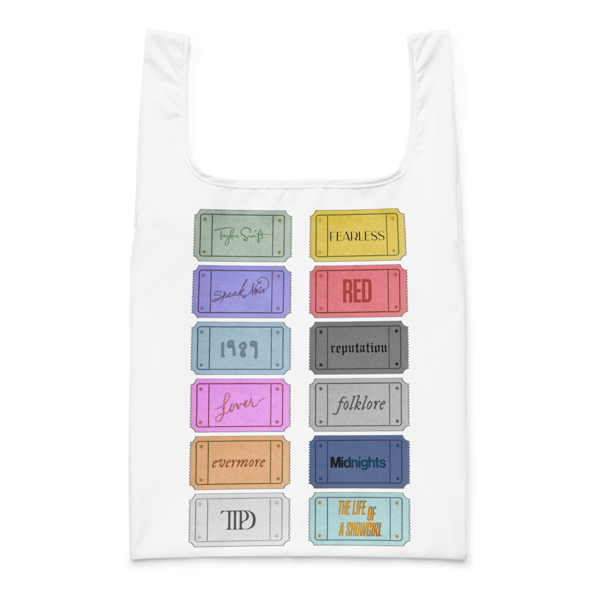White tote bag with colorful Swiftie album cover designs on a white background