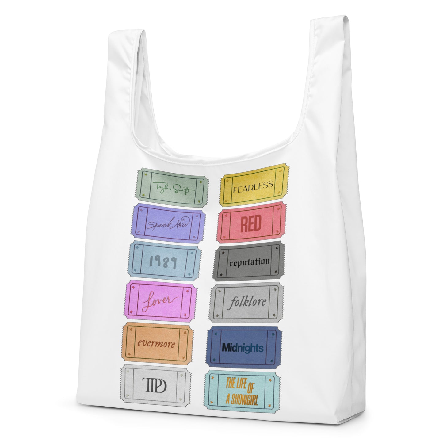 white Taylor 12 album shopping bag with all albums listed 