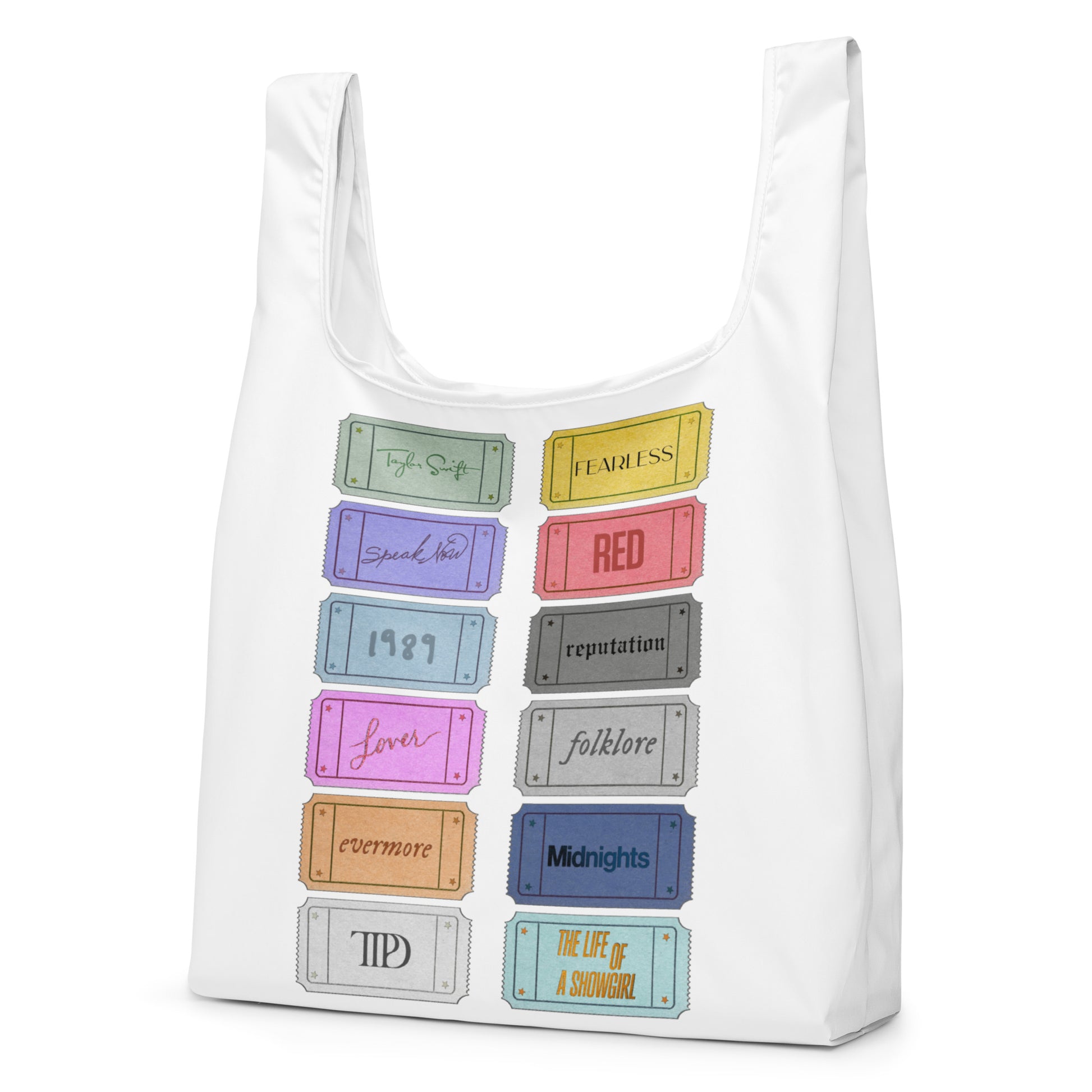 white Taylor 12 album shopping bag with all albums listed 