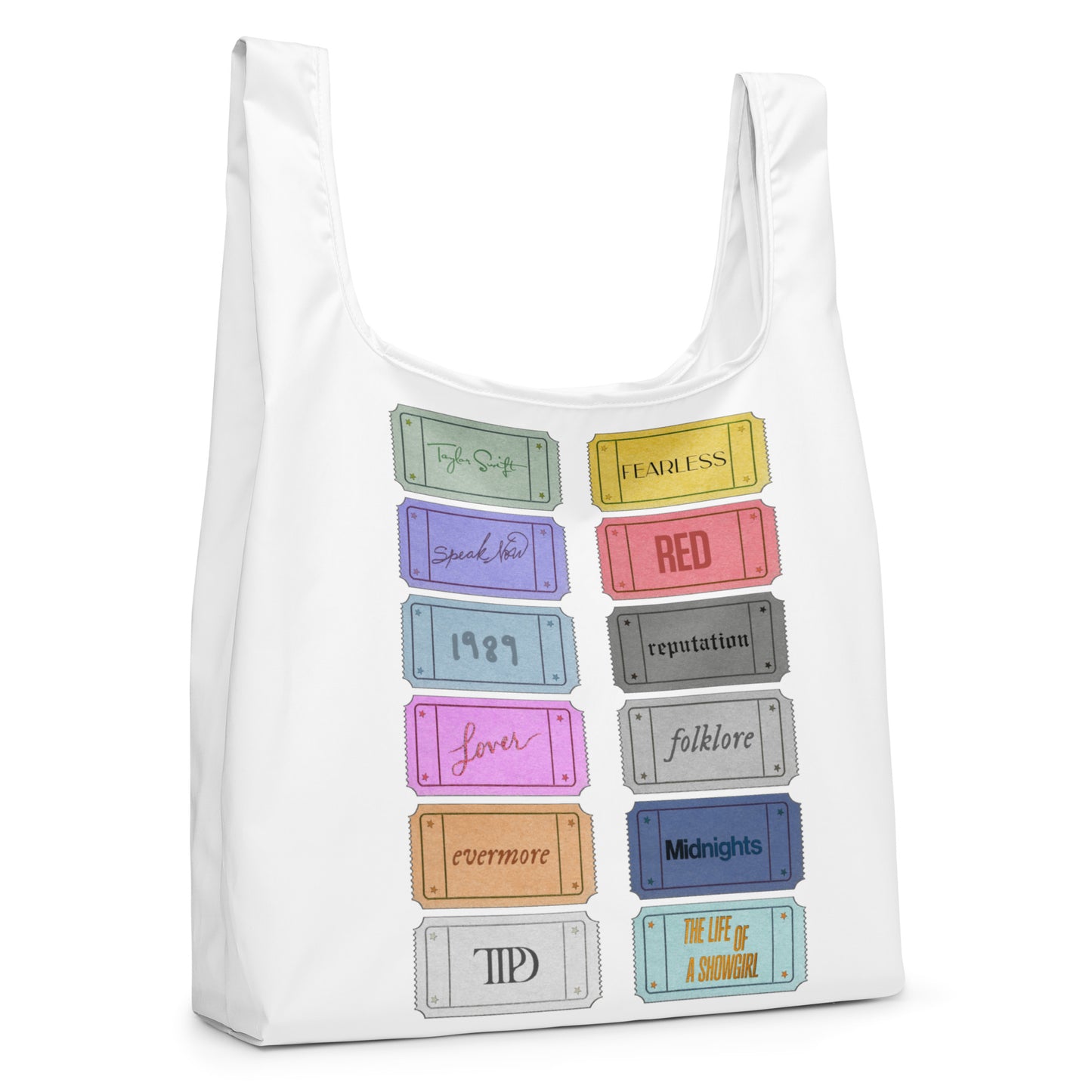 white Taylor 12 album shopping bag with all albums listed 