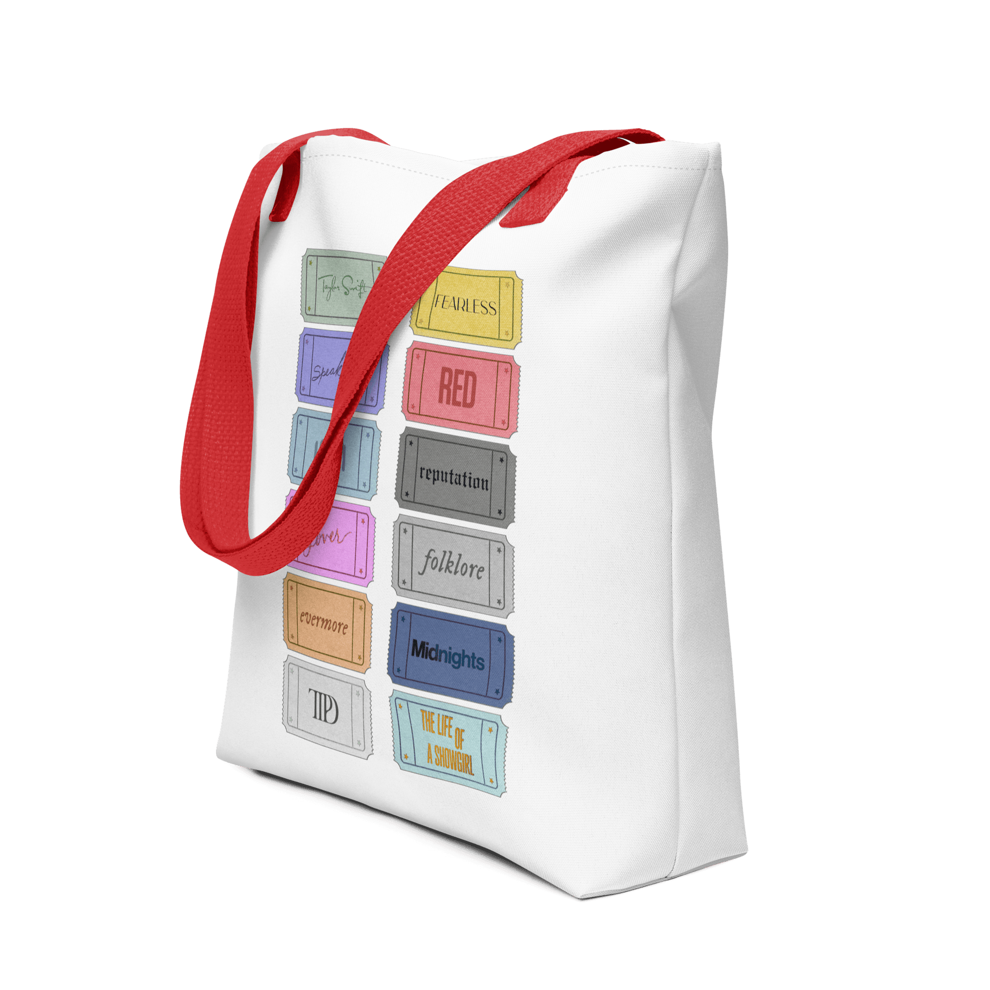 white Taylor 12 album shopping bag with all albums listed with red handles