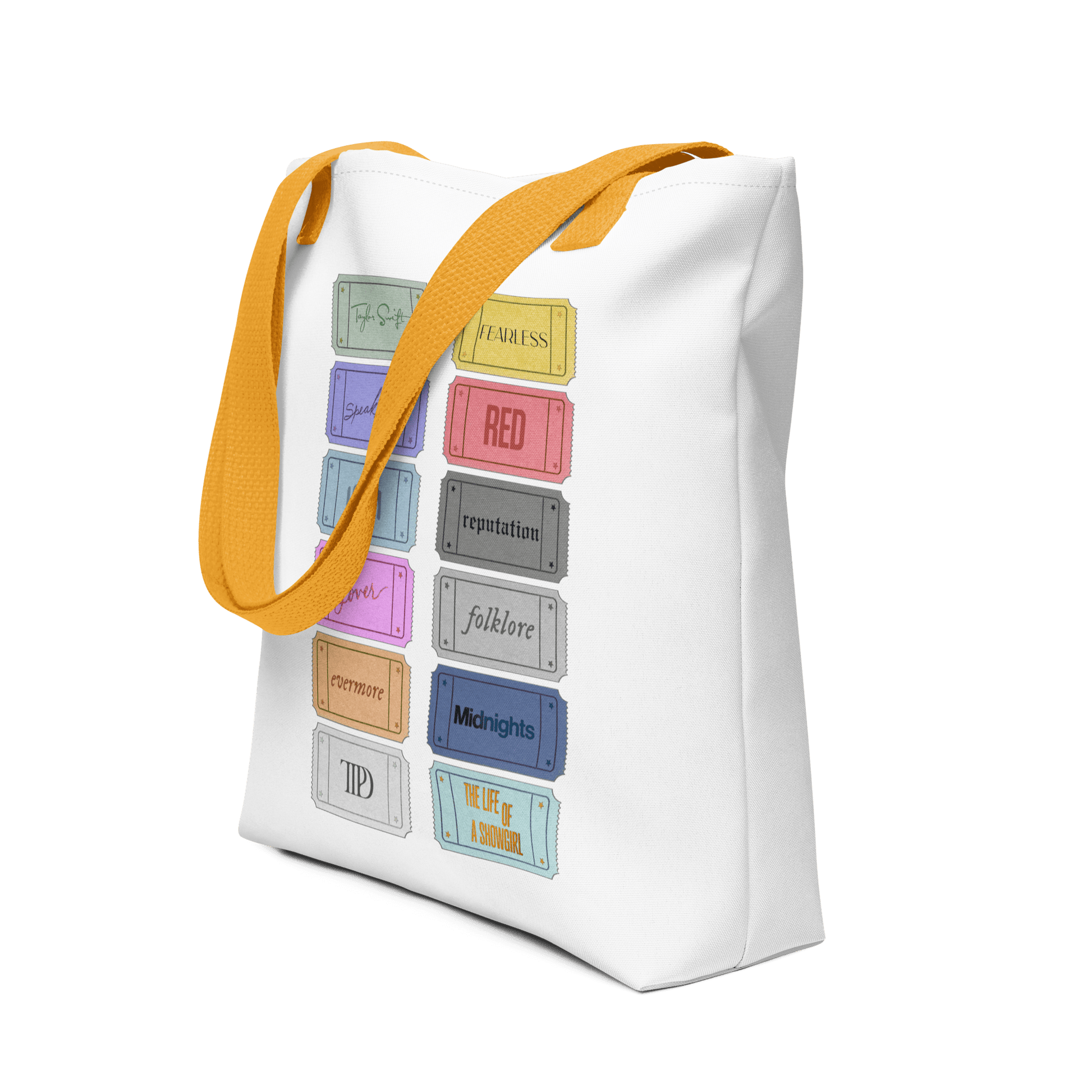 white Taylor 12 album shopping bag with all albums listed with yellow handles