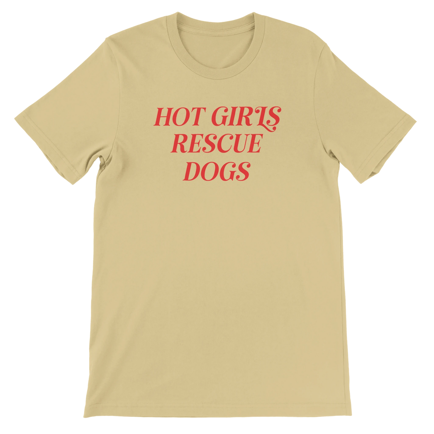 Yellow crewneck t-shirt with red text 'Hot Girls Rescue Dogs' for dog rescue advocates