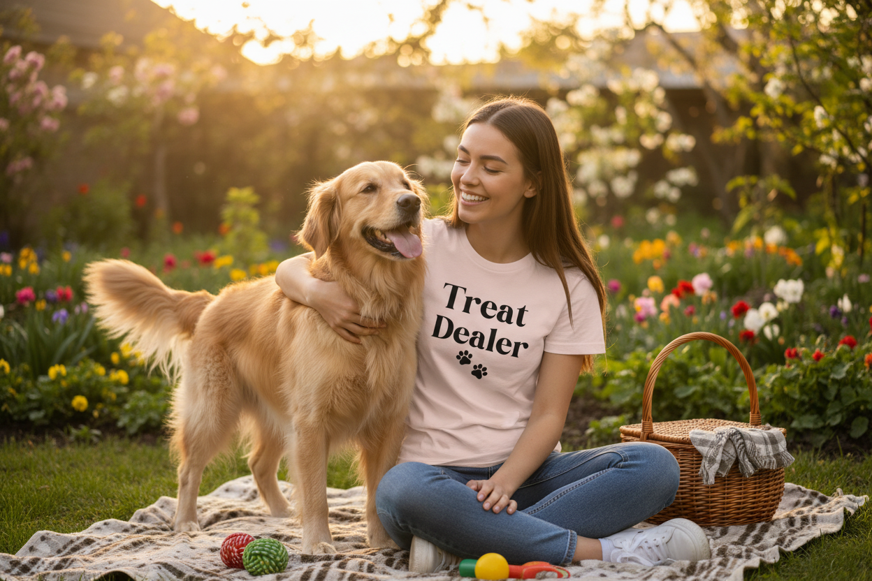 Woman sitting with a golden dog in a garden, wearing a 'Treat Dealer' shirt.