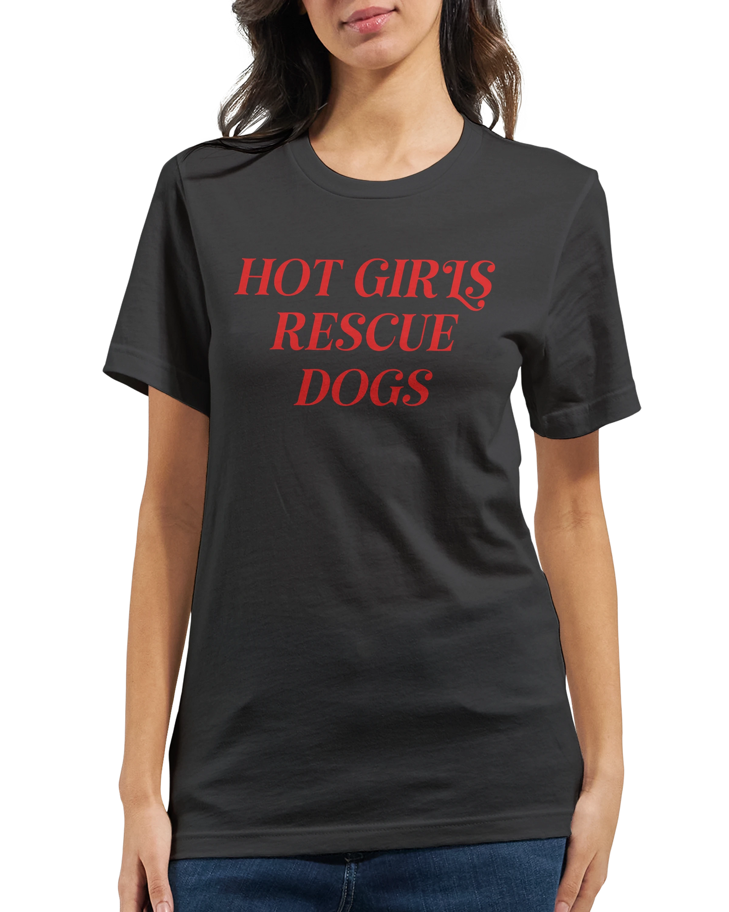 Black crewneck t-shirt with red text 'Hot Girls Rescue Dogs' for dog rescue advocates