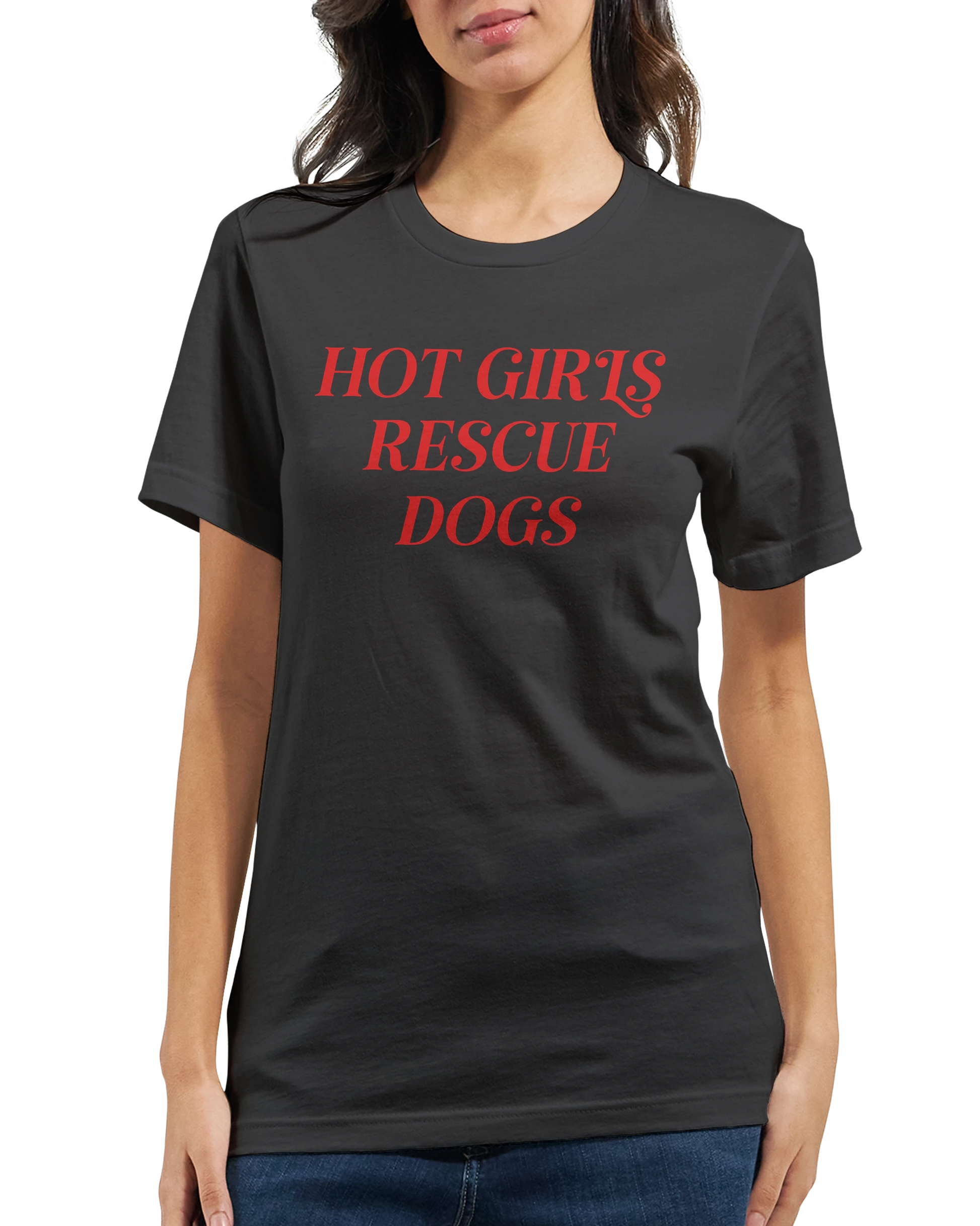 Black crewneck t-shirt with red text 'Hot Girls Rescue Dogs' for dog rescue advocates